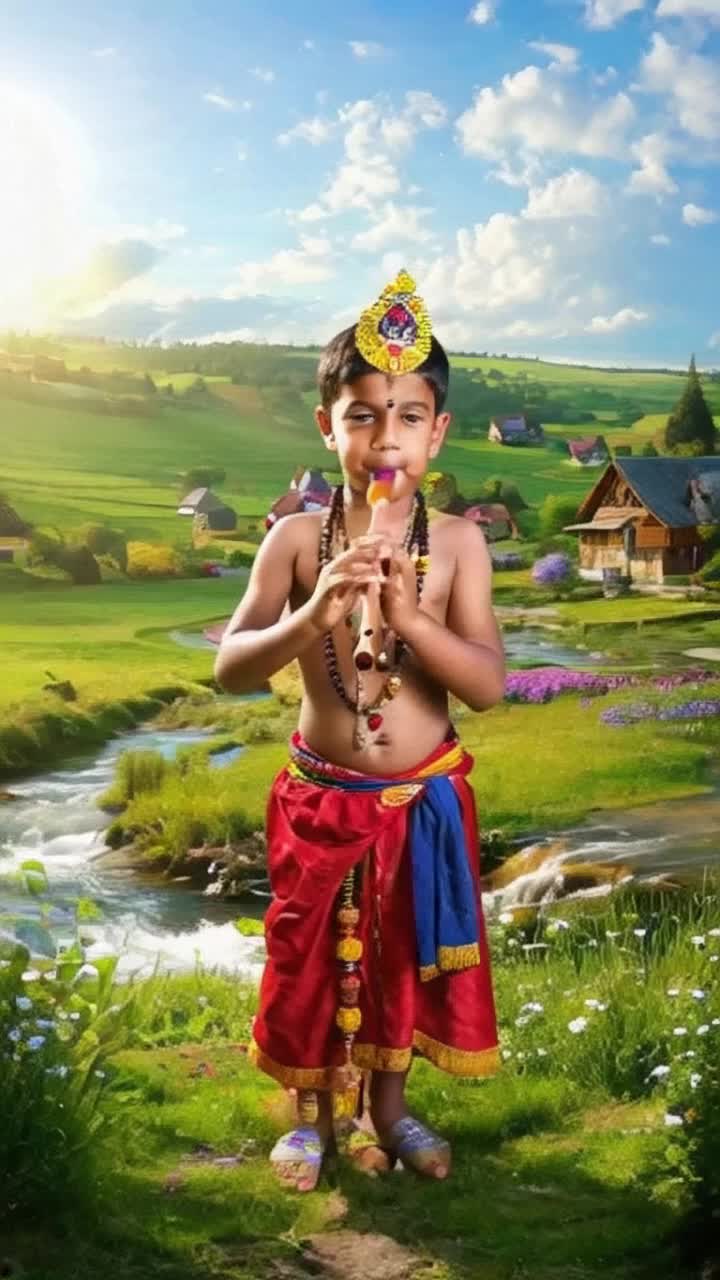 Charming little Krishna with playful eyes and a mischievous smile dances joyfully amid swirling butterflies, creates sweet melodies with a flute Vibrant village landscape adorned with lush green fields, gentle streams, rustic cottages, and blooming flowers under a radiant sun