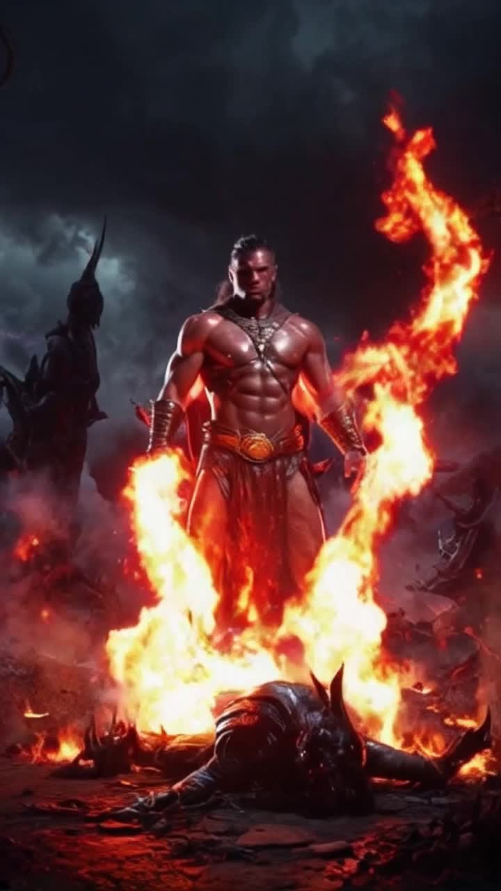 Hero with chiseled muscles radiating intensity blazing fiery aura Defiant pose striking with confidence Surrounded by vanquished demons lying in defeat dark and foreboding landscape hints of shadowy chaos swirling around victorious figure illuminated by an ethereal glow dramatic sky filled with stormy clouds creating an epic backdrop striking contrast between hero's radiant strength and dark remnants of battle