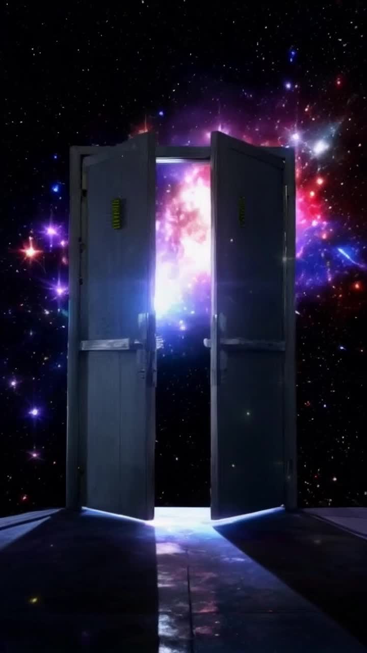 modern steel armored doors slowly open to reveal a vibrant parallel universe exploding with the colors of stars, nebulae and galaxies, alien Creatures of Fantasy flutter around and shimmering streams of light dance in the air, a living swirl of galaxies and shining constellations Magic swirls around and echoes of magical melodies fill the air, inviting you to explore and adventure in this exciting spaceTranslated with DeepLcom free version
