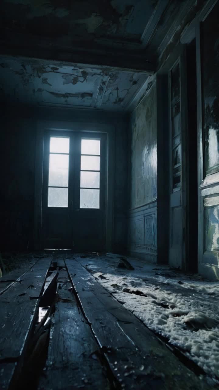 Damp corridor shrouded in shadows stretches through a longabandoned manor Walls adorned with peeling paint tell tales of forgotten times Floor groans and shifts beneath a spectral breeze Bluish mist rises from the end coiling like a ghostly serpent Cold frost creeps across warped floorboards curling around shattered windowpanes Unseen chill manifests into hauntingly elegant limbs every surface glimmering with frozen dew Atmosphere thick with pervasive dread echoes a history long buried Gothic architecture looms ominously in wintry stillness Light dances through cracks illuminating haunting details creating an epic cinematic experience