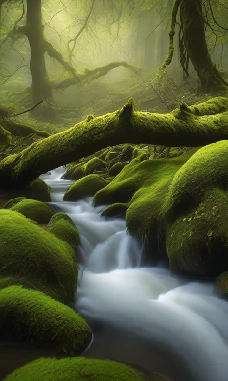 Thick ancient trees shrouded in vibrant green moss heart shapes peeking through delicate wildflowers luminescent gold glimmers dancing above a rushing stream whispers of lost souls resonate softly in the air tranquil mist enveloping the surroundings instilling a sense of solemnity serene beauty contrasting with haunting stillness inviting introspection amidst natures embrace