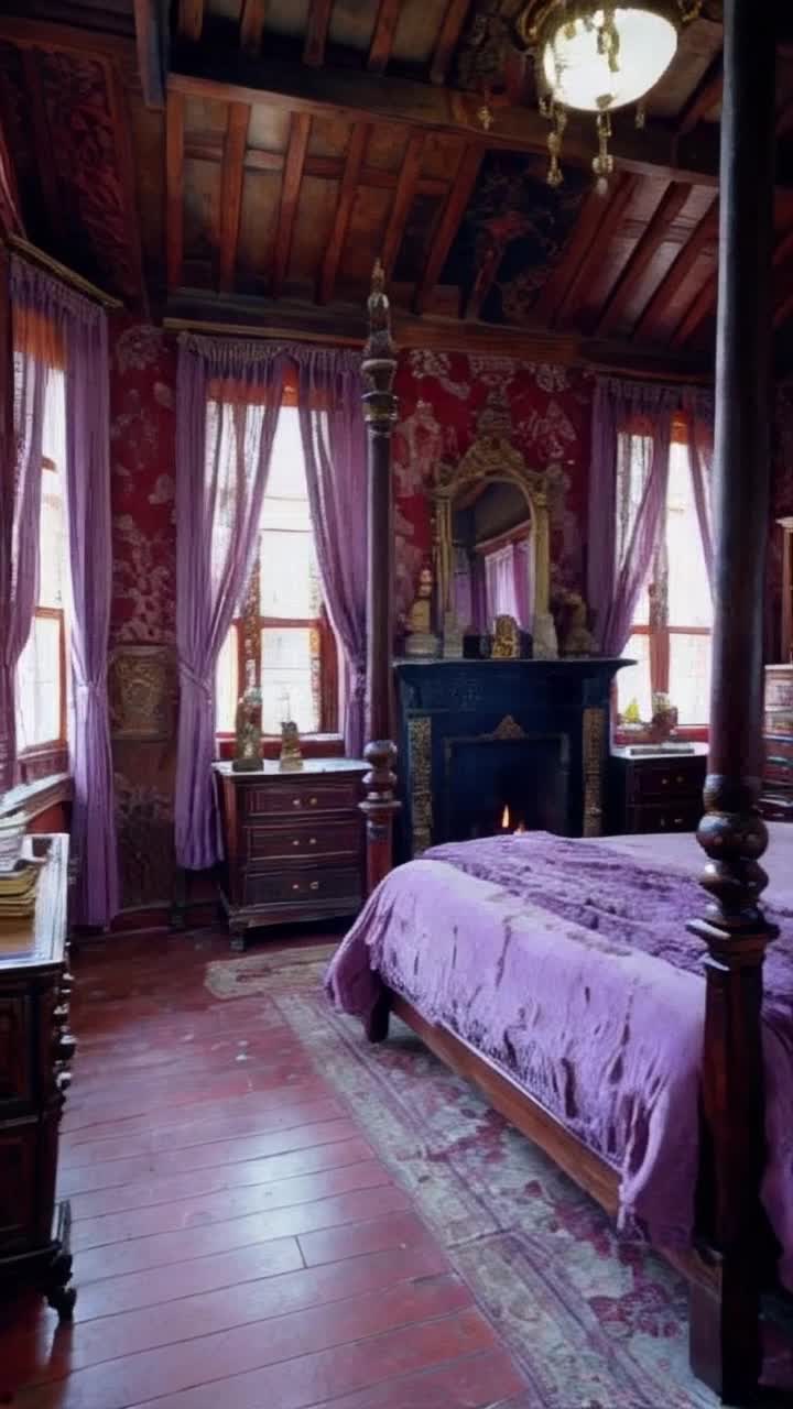  A replendant ancient English bedroom with beautiful wooden panneled walls and dusty crumbling wall hangings of predominantly red There is a huge wooden tall four poster bed with rotting  lavender brocade fabric on the bed and on the bed frame,  a huge black  marble fireplace mantle with columns, there are ornate wooden carved dressers topped with marble and ornate wooden cabinets and shelves with antique books, there are sculptures and pictures , details as gold framed pictures , mirrors and  a huge lovely antique wooden armoire dominates the room The windows are tall with leaden panes and rotted once rich looking lavender velvet draperies swaying in breeze