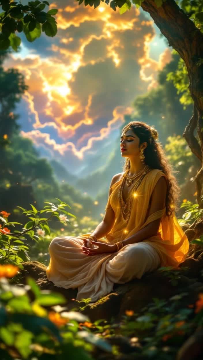 Goddess Katyayani seated in meditation surrounded by radiant golden light within a lush serene grove emanating tranquility She rises with divine grace showcasing her courage and strength The backdrop shifts to vibrant celestial realms as sage Katyayanas intense penance brings forth this powerful deity Dark clouds gather depicting Mahishasuras reign of terror as gods tremble in fear Suddenly