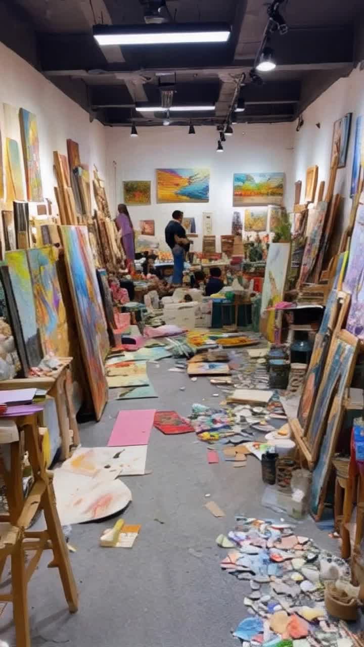 Vibrant splashes of color dance across a canvas swirling with creativity captivating diverse groups of onlookers eager to embrace inspiration as brush strokes come alive bursting with energy transforming simple concepts into breathtaking masterpieces surrounded by a lively art studio filled with textures shapes and vivid patterns reflecting the boundless possibilities of imagination