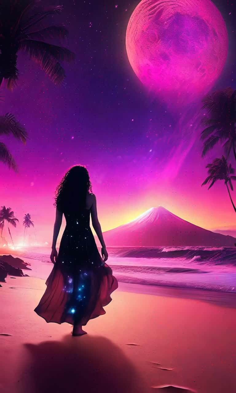 Goth girl with medium curly wavy hair vibrant delicate beach dress elongated features starlit beauty  Glides gracefully along exotic Hawaiian beach night luminous footprints create glowing bioluminescent imprints  Surreal landscape filled with colorful palm trees softly glowing vibrant hues silhouette of a distant volcano slowly erupting against a sky blanketed in amazing stars crescent moon shines radiant illuminating glossy porcelain backdrop encapsulating microcolor splashes depth vibrancy of scene