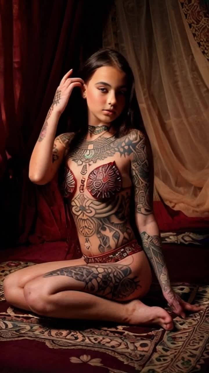 A stunningly beautiful girl with fullbody intricate mandalastyle tattoos, posing elegantly in a bohemian setting, surrounded by ethnic patterns, soft lighting, photorealistic, high detail, vibrant colors