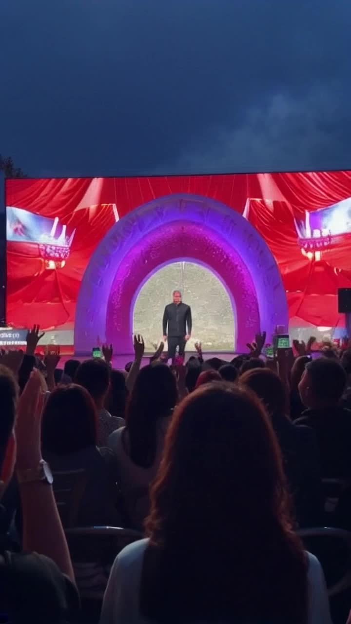 Joyful MAGA Donald shows off his external brain in front of a group of excited MAGA supporters who are cheering