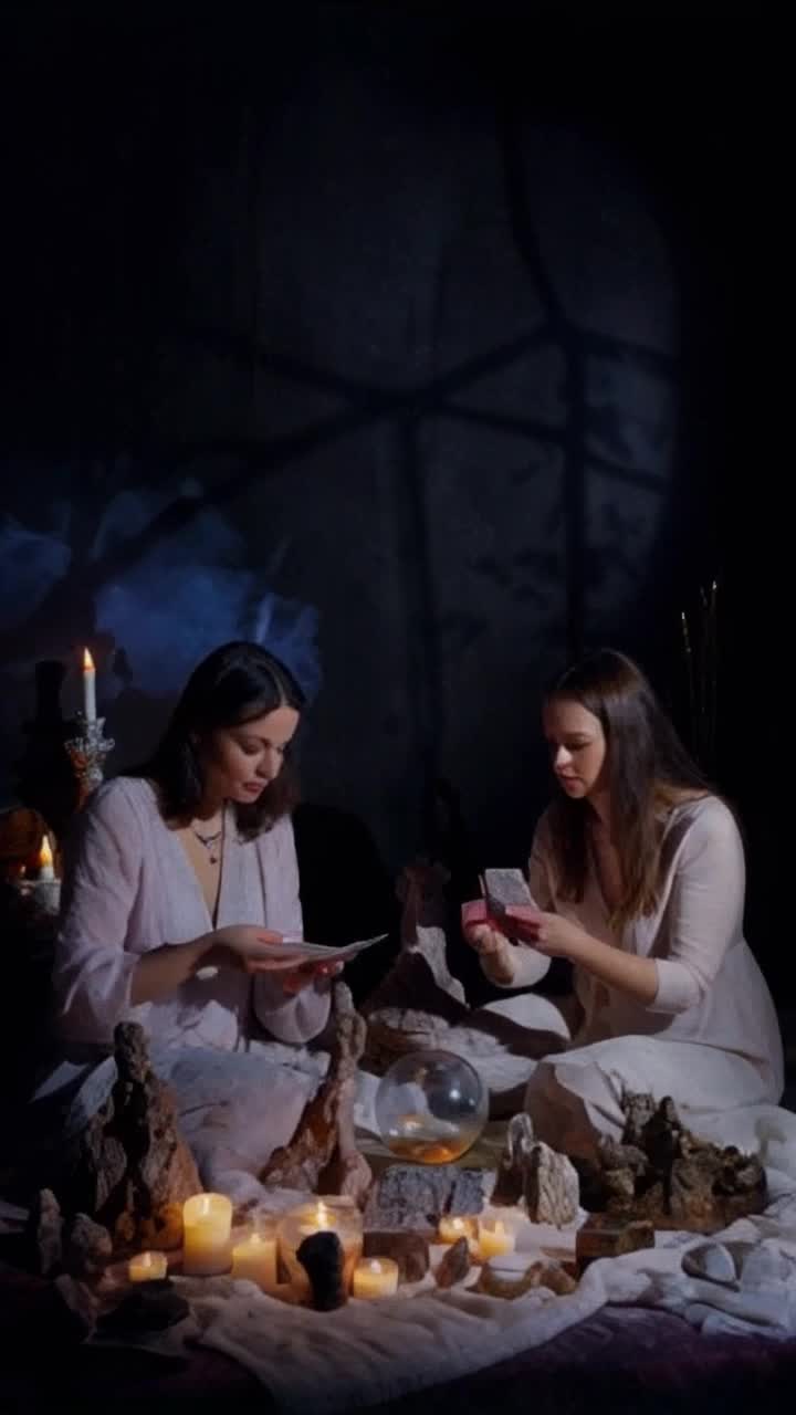 Two enthusiastic creators excitedly preparing for a spiritual journey together They set up an enchanting space filled with mystical crystals glowing softly in the twilight Their hands delicately arrange tarot cards on an ornate wooden table adorned with candles flickering gently A shimmering crystal ball reflects twinkling lights as they eagerly discuss ghostly encounters Ambient sounds of whispered spirits surround them as they capture their knowledge on camera Darkened corners linger with an air of mystery inviting the unknown Shadows dance playfully as they connect with energies from beyond igniting curiosity and wonder for their audience