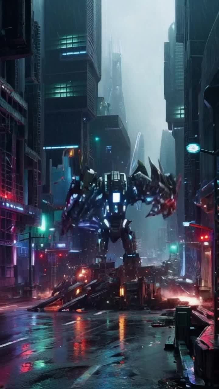 Giant robotic creature with gleaming metallic claws smashing through towering steel structures generating a symphony of clattering sounds sparks dancing through the air shrouding surroundings in a vivid glow laboring diligently to construct an army of gleaming mechanical minions neon lights flickering in chaotic rhythm illuminating the rain-soaked streets below vibrant billboards casting eerie shadows as distant sirens wail throbbing pulse of a city alive with tension and futuristic energy