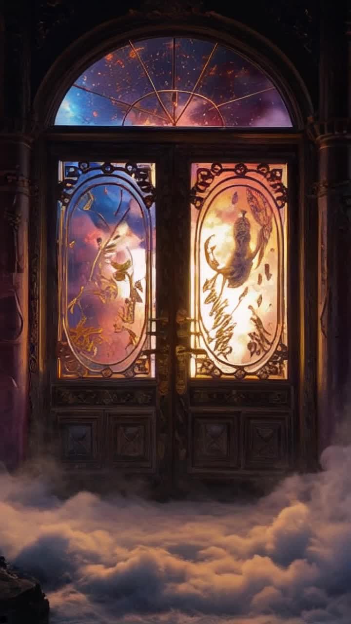 Majestic door adorned with celestial engravings shimmering golden light two ethereal figures awaiting on either side Righteous souls glowing softly tormented shadows lurking in the background Pushing the door creaking open revealing swirling mists of vibrant colors embracing the threshold Step into the afterlife filled with echoes of laughter and whispers of sorrow Boundless skies overhead transitioning from radiant sunlight to ominous darkness as you walk forward toward destiny