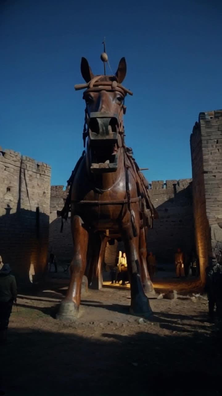 Giant wooden Trojan horse towering outside ancient fortress Massive mouth slightly ajar inviting intrigue View slowly pans inward through gaping lips revealing warriors in dim light Flickering shadows accentuate anxious faces One soldier hesitantly removes helmet scratching head in confusion then replaces helmet with furrowed brow Wooden teeth loom large framing nervous figures within Echoes of distant battle chant in the air Surrounding walls steeped in history casting long shadows across ground Anticipation thickens as tension rises in confined space