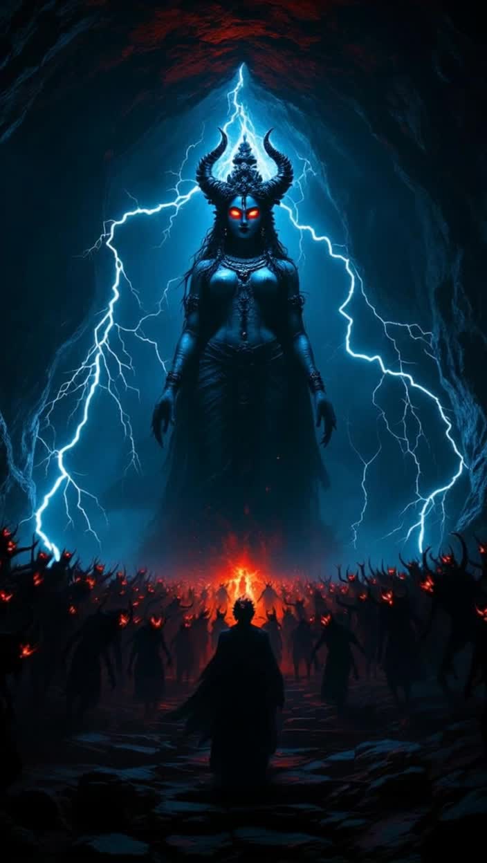 Dark cave illuminated by flickering lightning Terrifying yet serene statue of Maa Kaalratri stands tall Her glowing eyes radiate fiery intensity while her tranquil expression evokes calmness Chaotic thunder echoes outside a legion of menacing demons led by Raktabeej