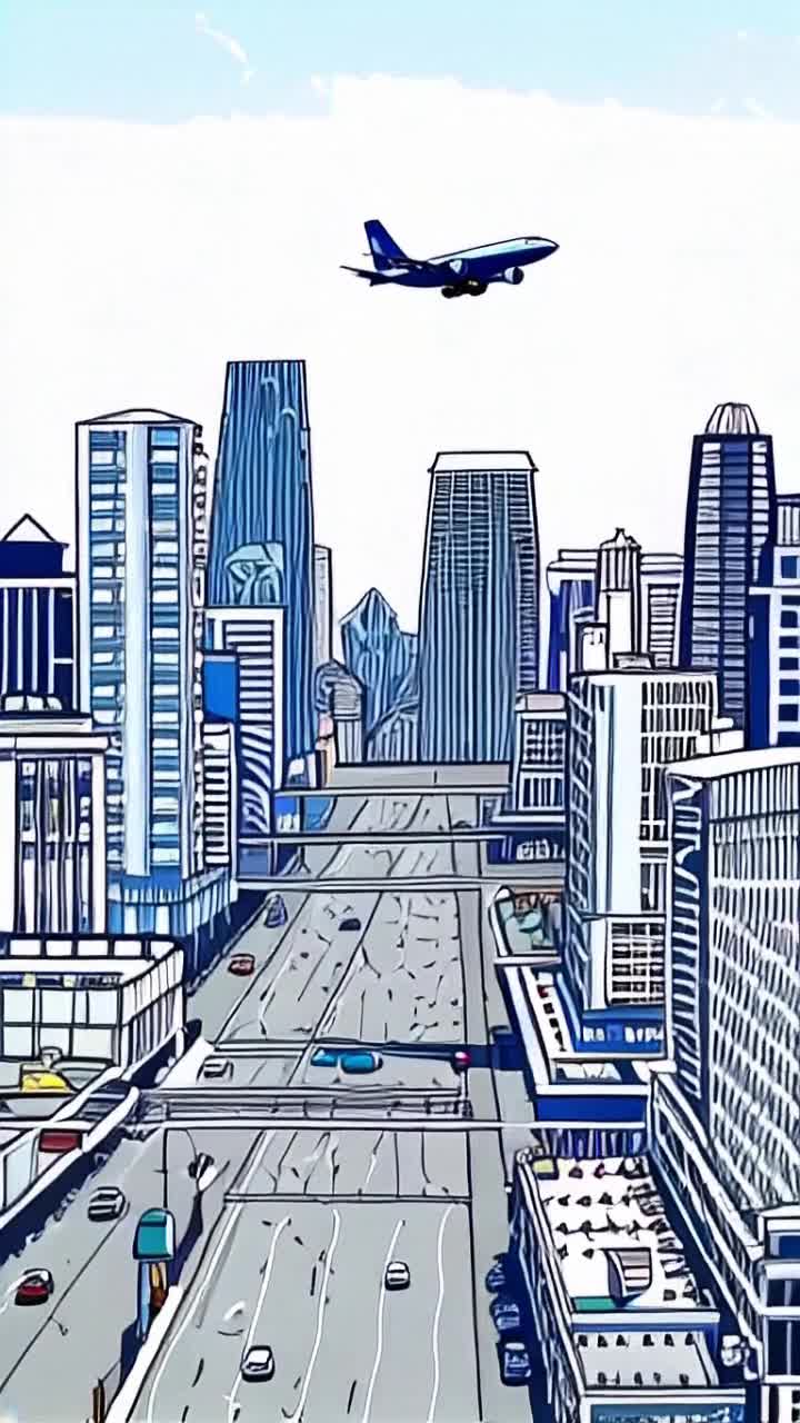 Cartoon comic scene jet plane flying over skyscrapers above city streets cartoon