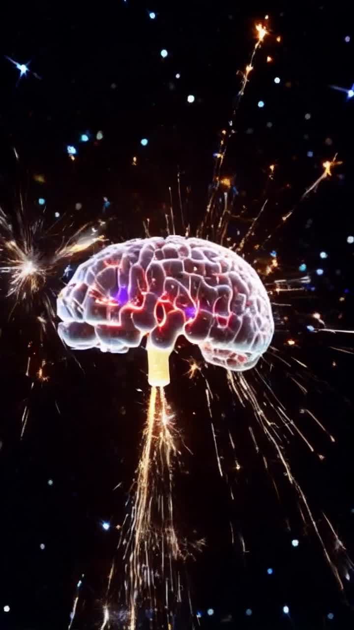 A BRAIN with circulating sparkling NEURONS Intricate human brain pulsating with electric energy swirling synapses glowing with vibrant colors, flowing fuchsia neurons firing rapidly creating a mesmerizing dance of light, radiating intelligence and creativity, arcs of brilliant white sparks shooting outwards, casting ethereal shadows across the surface of the brain, set against a dark abyss filled with sparkling stars that sparkle like our thoughts illuminating this cosmic landscape, deep in the void of infinite possibilities encouraging exploration of the minds potential, an abstract universe of ideas waiting to be unlocked POWERFUL BRAIN