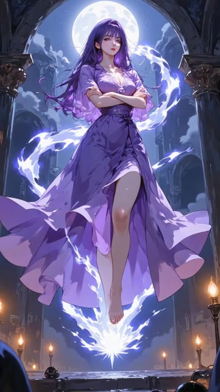 The bolts of pure energy spiral and spark around the woman as she hovers, she gives the viewer a condescending expression as she gradually bobs upwards and downwards