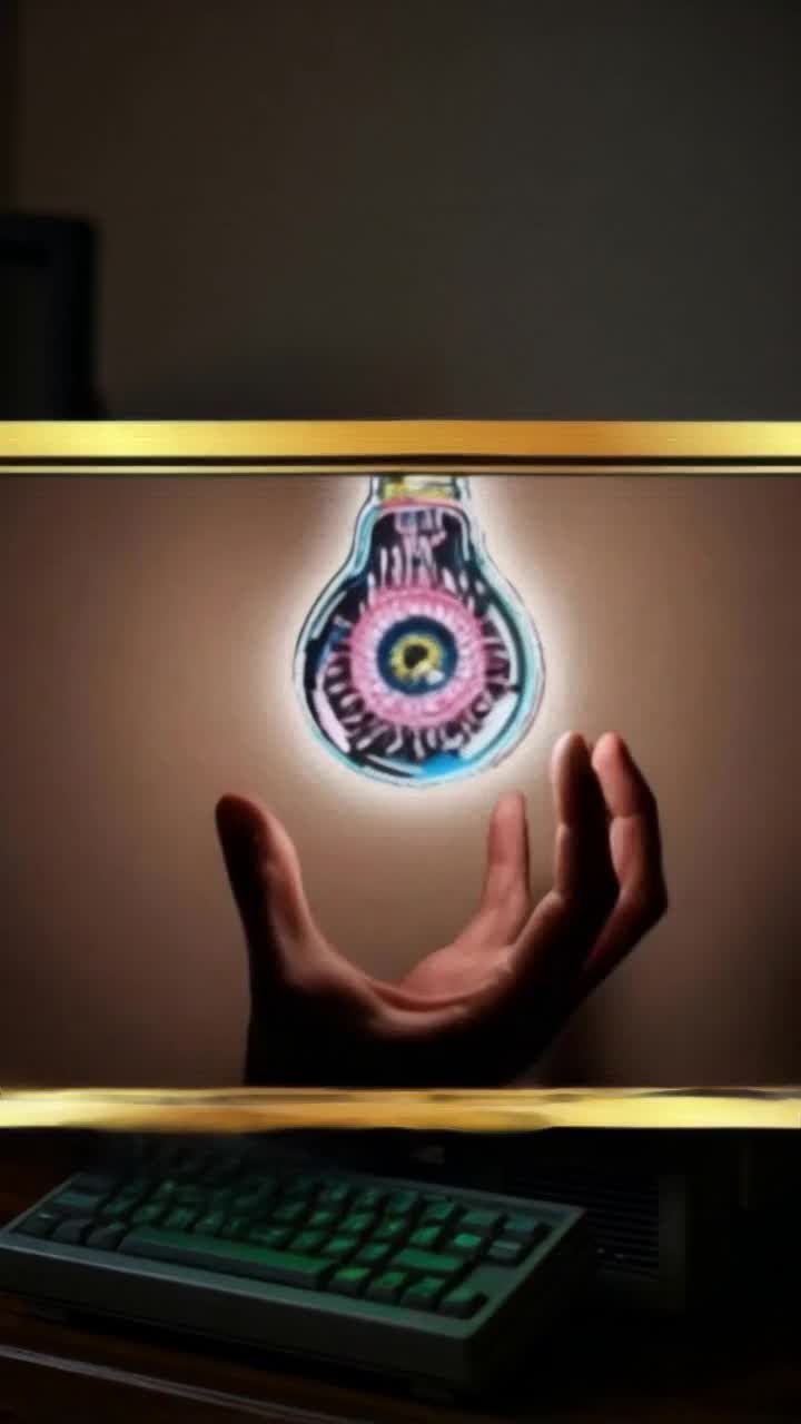 Eyeball light bulb, a hand grabs it 