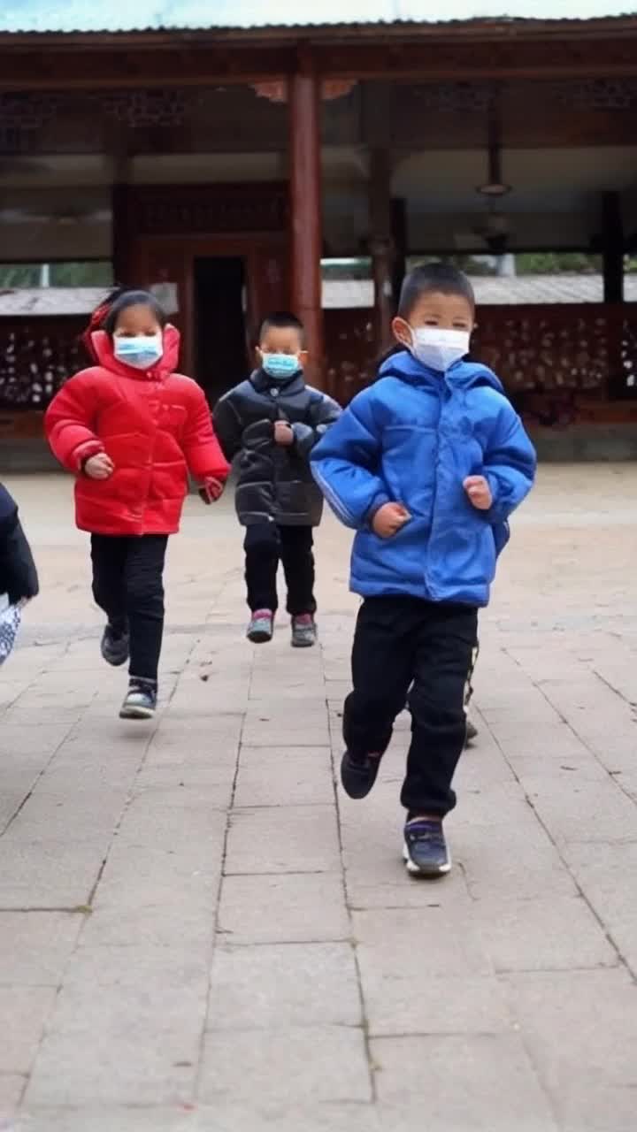 Children wearing masks running