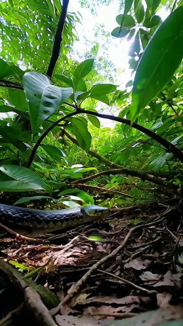 Slithering serpent twirling gracefully amidst vibrant jungle foliage, shimmering scales glinting under dappled sunlight, hypnotic rhythm of movement captivating onlookers