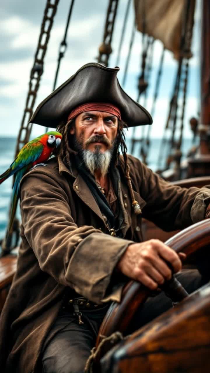 Pirate sailing in stormy seas and the parrot is wildly flapping its wings