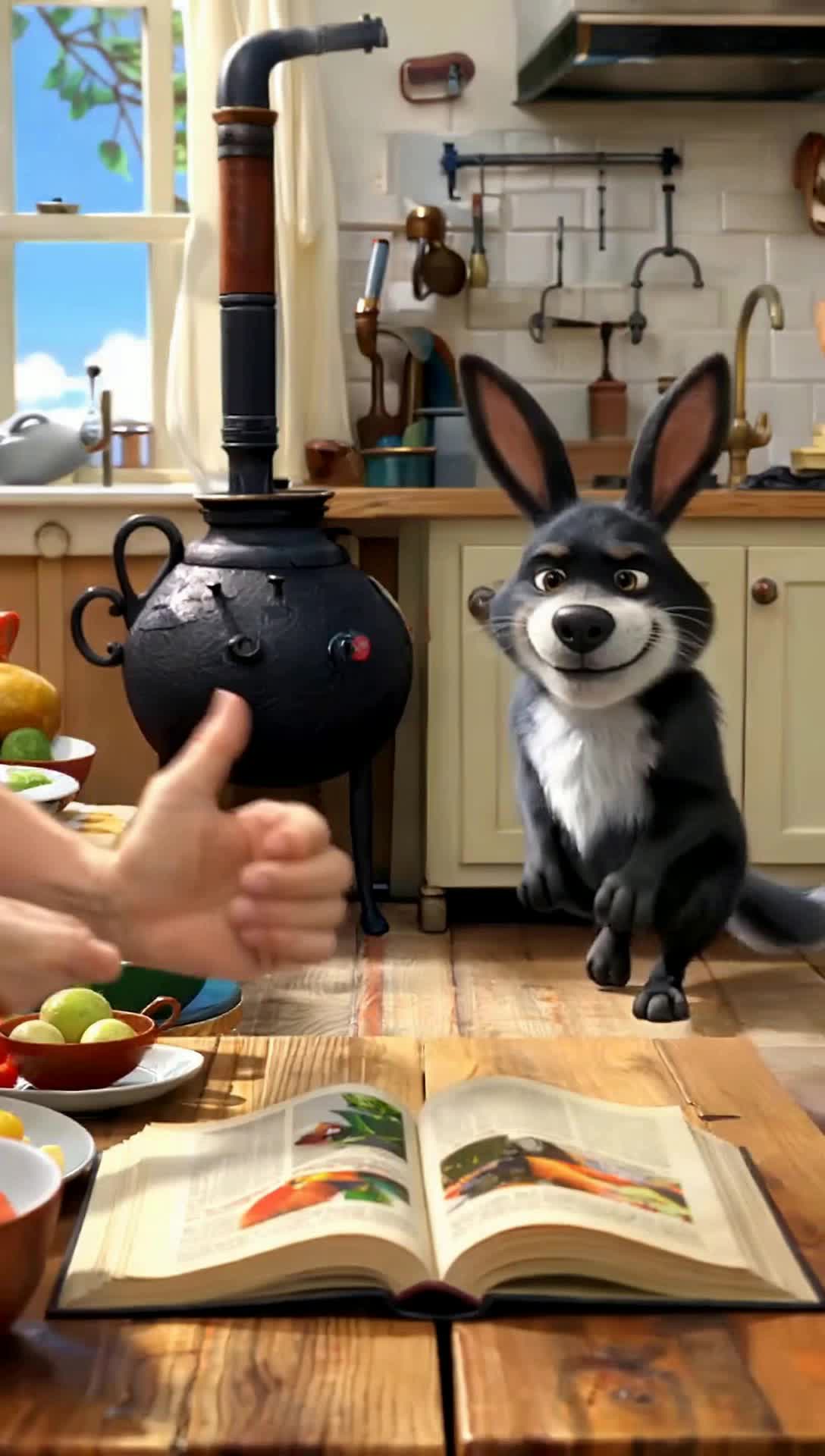 Two hands peacefully twiddling thumbs, photorealistic style, at a table in a kitchen, even better, a big black and smokey panther like dog with longish rabbit like ears, walks up on two legs to the twiddling hands and sits to be petted like a puppy, scenery turns to an outdoor camp at a park surrounded by forest and lake, this strange animal looks rough but happy as he smiles and its pink tongue lulls out, relaxed