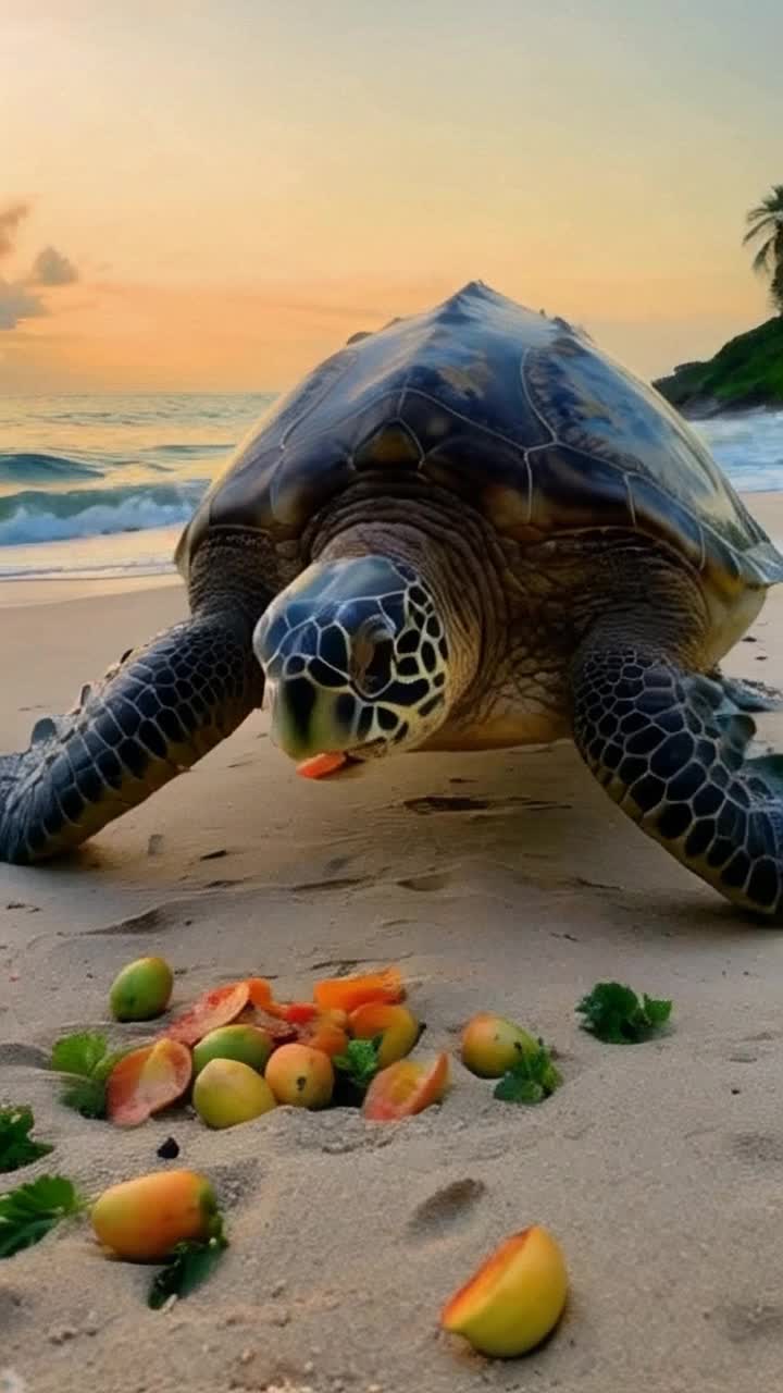 A majestic giant ocean turtle leisurely enjoys bright tropical fruit with colourful pieces scattered around Lush greenery gently sways in the warm breeze A white sandy beach glistens in the golden rays of the setting sun The sky is ablaze with shades of orange, The waves gently lap the shore, creating a soothing melody The hyperdetailed textures of the turtles shell reflect the sunlight, evoking an emotional connection A serene atmosphere that invites tranquillity