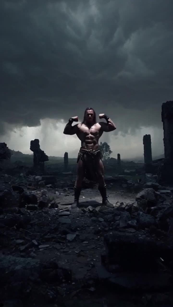 Heroic warrior towering over crumbling remnants of darkness flexing bulging muscles exuding undeniable power ready for upcoming challenges Epic confrontation unfolding all around flickering shadows dancing in the dim light battle-scarred ground littered with fragments of lost hope distant storm clouds swirling ominously in a darkened sky dramatic tension thick in the air as echoes of past battles resonate creating an aura of impending action