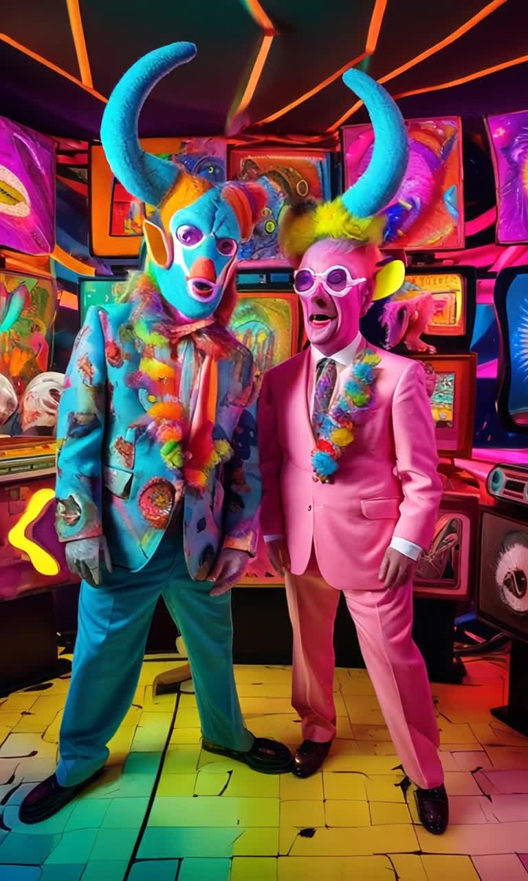Grotesque creatures with drooping snouts twisted horns long tails adorned in vibrant mod 1960s attire collide in chaotic banter and laughter amidst zany psychedelic game show atmosphere Colorful oversized squares flash neon lights from a backdrop overflowing with psychedelic patterns rich in vibrant hues echoing vintage television sets Ridiculous challenges unfold as these bizarre contestants drool squabble and engage in comical displays of charm and horror capturing the absurdity of this parody
