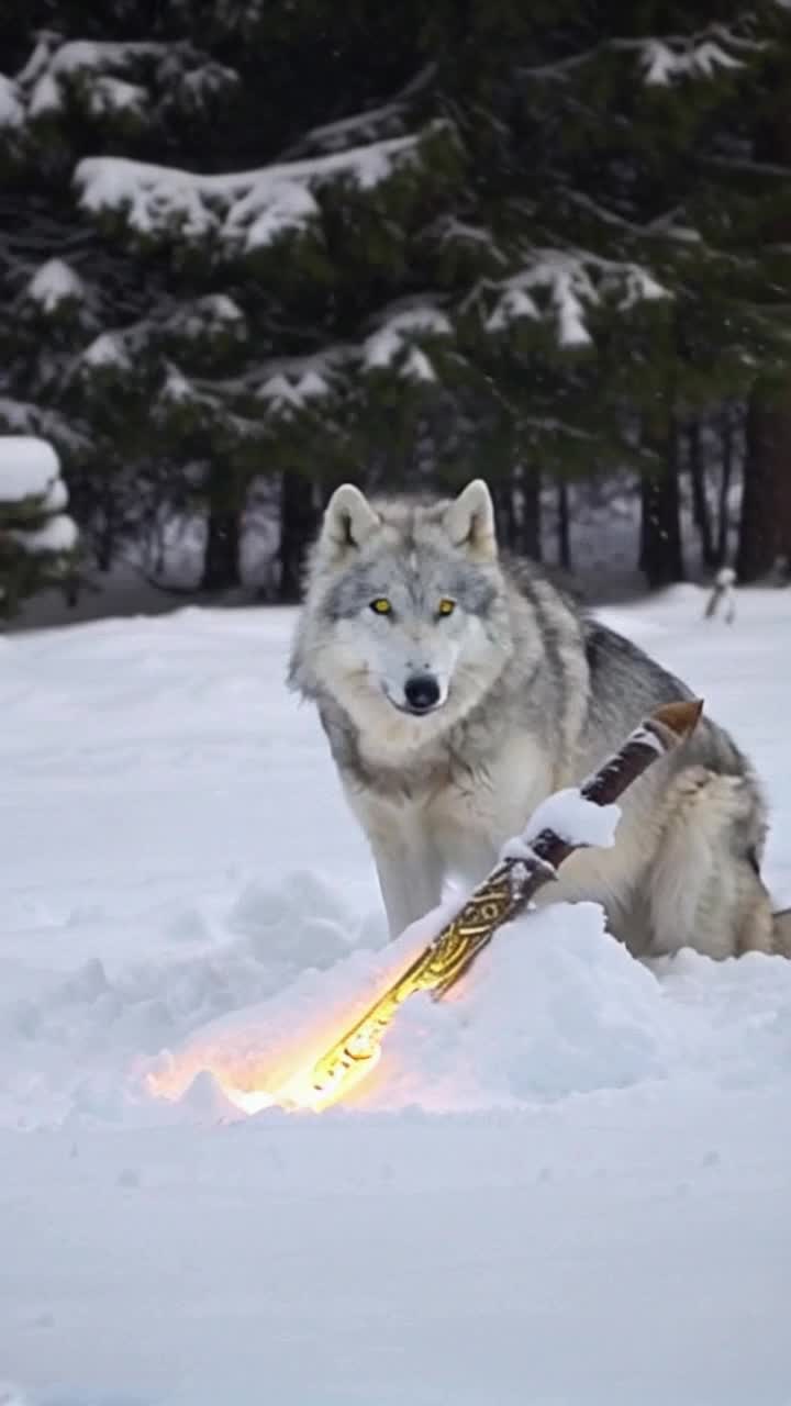 Majestic snowwhite wolf with piercing glowing yellow eyes stands gracefully amidst swirling snowflakes in a fierce winter storm The wolf prowls confidently toward an ancient Viking sword halfburied in deep snow radiating an enchanting golden light It sniffs the sword curiously then meanders away only to find a cozy spot nearby and settles down, eyes shimmering brighter than the sword With a playful flick of its powerful hind legs the wolf kicks up powdery snow, blanketing the sword in a display of respect mixed with irritation A wild winter landscape filled with evergreens and drifting snow forms the backdrop