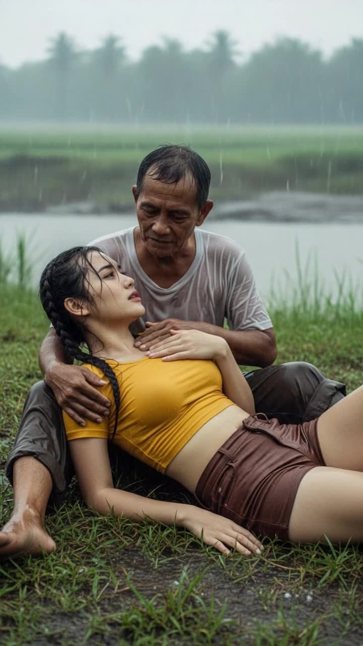 Heavy tropical rain pours as one figure gently reclines across another, their posture calm and close The upper hand moves slowly in a soothing circular motion near the chest area, while the other hand rests still on the shoulder Hair shifts softly with the ambient breeze Fabrics cling and shift subtly from the rains weight Raindrops splash on the ground, and mist rolls in the background The whole scene breathes  slow, emotional, and soaked in silence camerastabilization smooth lighting overcast motionintensity 03 subtle fabric motion gentle hand movement soft rain animation film grain realistic physics no glow no bloom