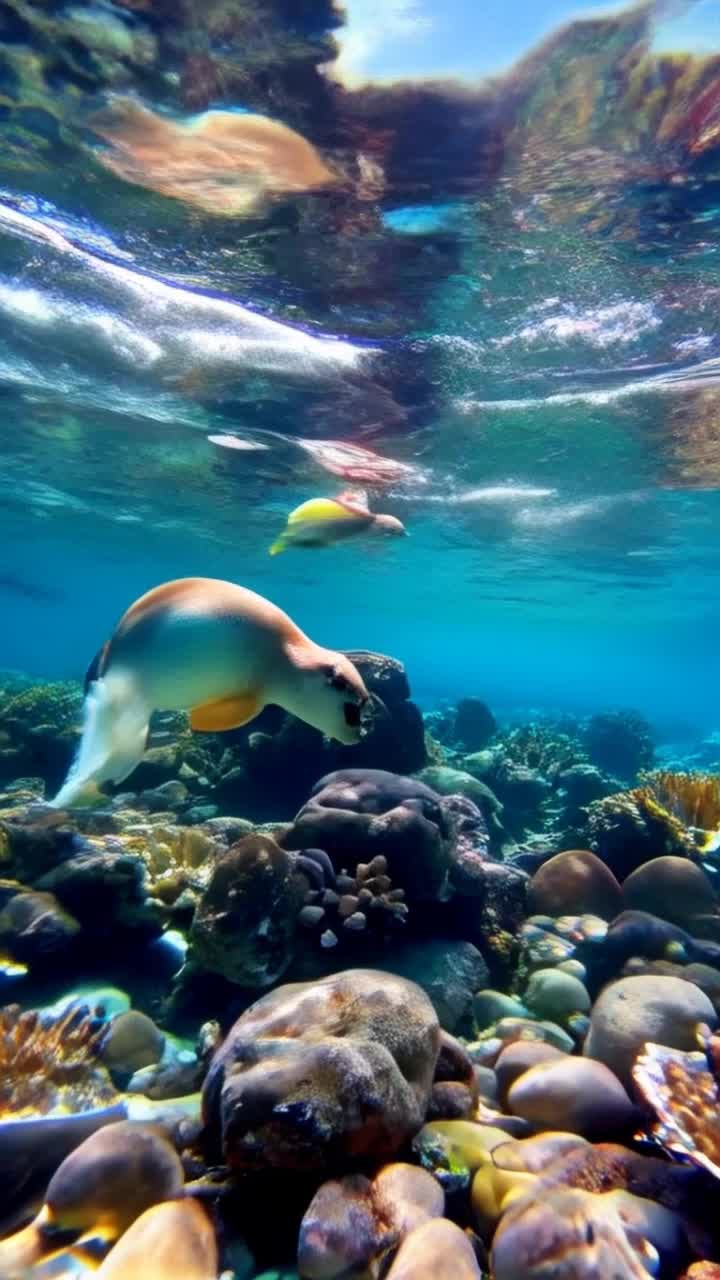 Graceful sea horses gliding through crystal clear waters vibrant coral reef bursting with color smooth pebbles glistening at ocean floor playful turtles weaving in and out of sunlight shimmering on waves shiny oysters nestled among rocks gentle current swaying aquatic plants adding elegance to scene