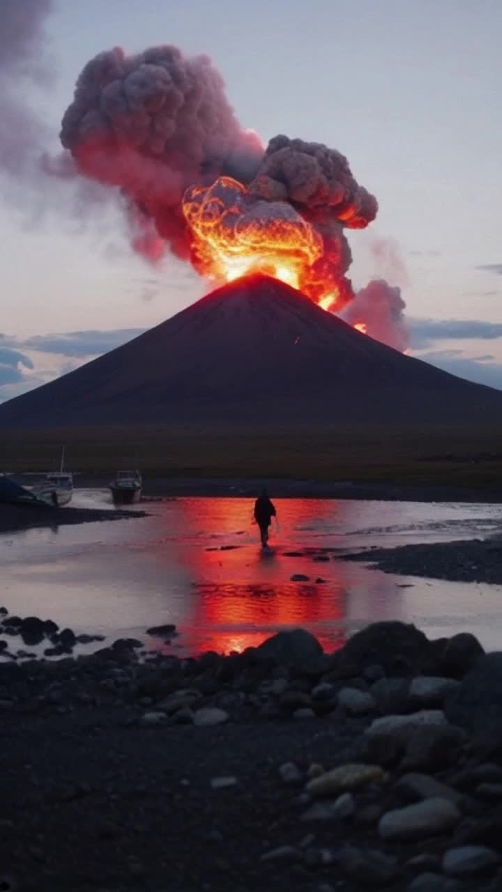 People walking faster than the slow moving lava, they carry what belongings they can as they reach waiting boats for evacuation Its such a mildly small eruption, the volcano has already worn itself out and magma cooling, houses and property will not be  damaged