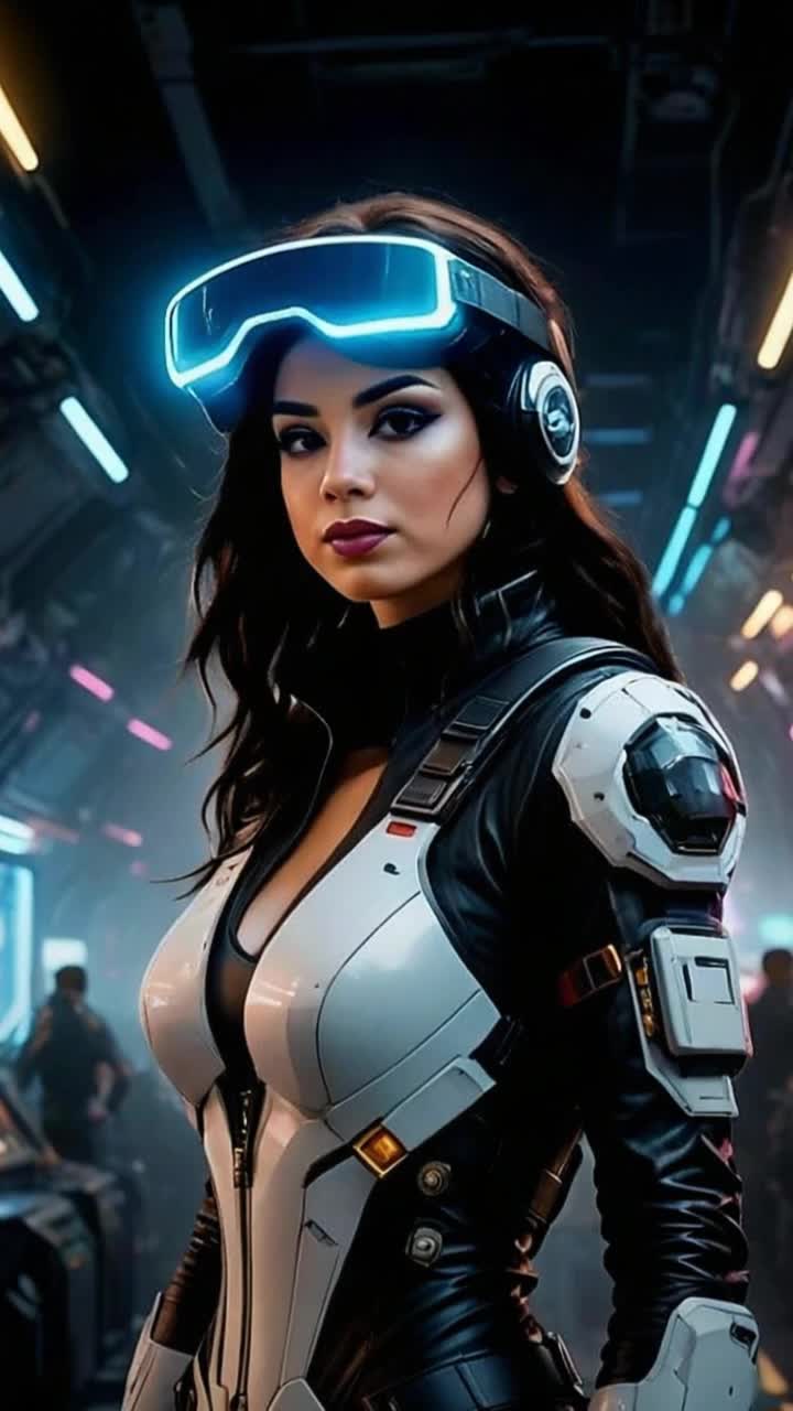 Sleek captivating female robot glimmering with intricate metallic patterns exuding grace and sophistication  Gliding effortlessly across the shimmering bridge of her futuristic ship  Vast cosmic expanse outside with swirling galaxies vibrant nebulae dancing in the deep blue void  