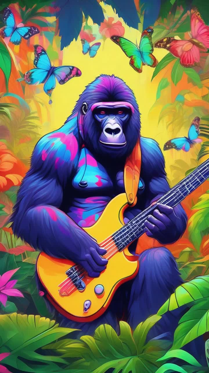 Vibrant gorilla with relaxed demeanor wearing a color shifting bucket hat plucking strings on bass guitar pulsating with rhythm amidst lush tropical foliage swaying gently under a kaleidoscope of bright colors beams of sunlight filtering through leafy canopies creating a dreamy atmosphere exotic flowers blooming in every direction sounds of nature harmonizing with melodic beats energetic butterflies fluttering around adding life to the serene scene