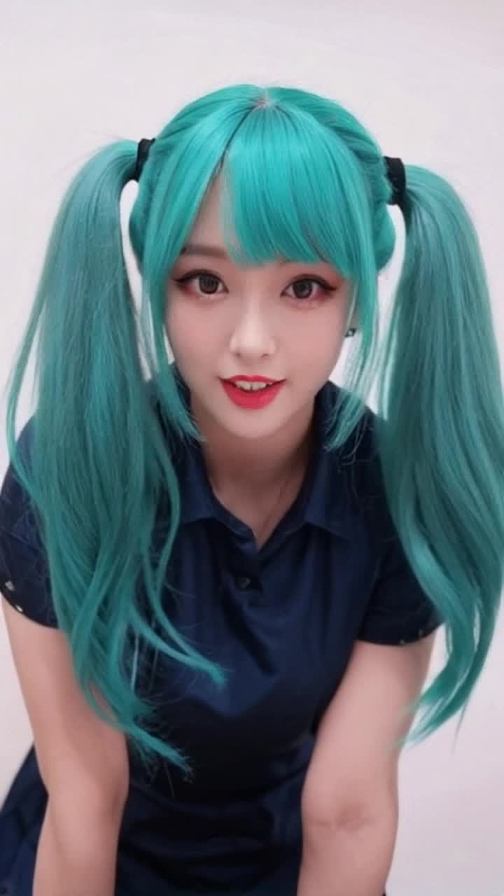 Hatsune Miku with her long turqouise twin ponytails leans toward the viewer, preparing for a kiss