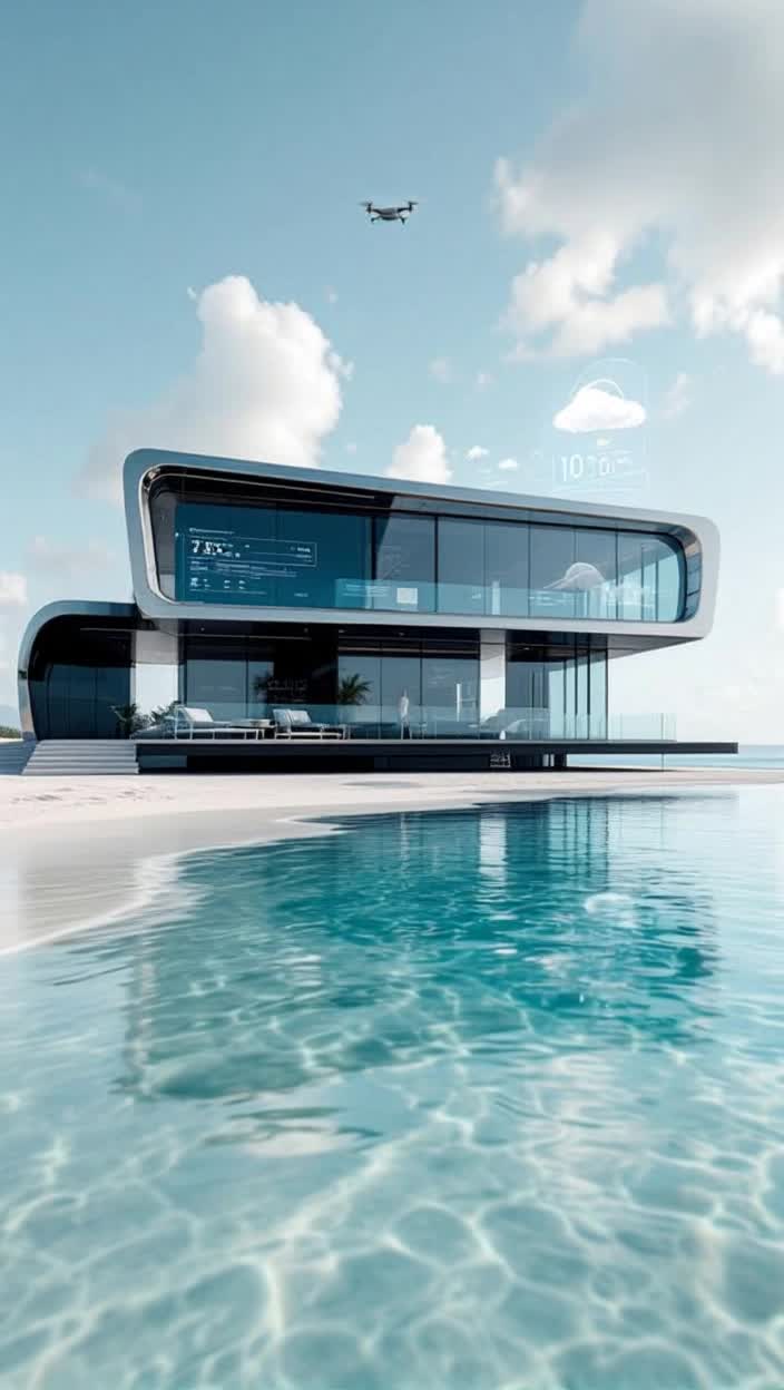 Futuristic hyperdetailed video A sleek, modern smarthome constructed from polished chrome and dark obsidian glass, located on a hyperrealistic white sand beach Holographic displays float in the air outside the house, showing weather patterns and ocean tides The calm, turquoise water reflects the house perfectly like a mirror A small, silent drone hovers in the air, scanning the perimeter The atmosphere is serene and technologically advancedKey elementsGenre Futuristic videoLocation Sleek, modern smart houseDetails Polished chrome, dark obsidian glass, hyperrealistic white sand, turquoise waterSpecial effects Holographic displays floating in the air, perfect reflections in calm water, small silent drone Atmosphere Calm and technologically advanced