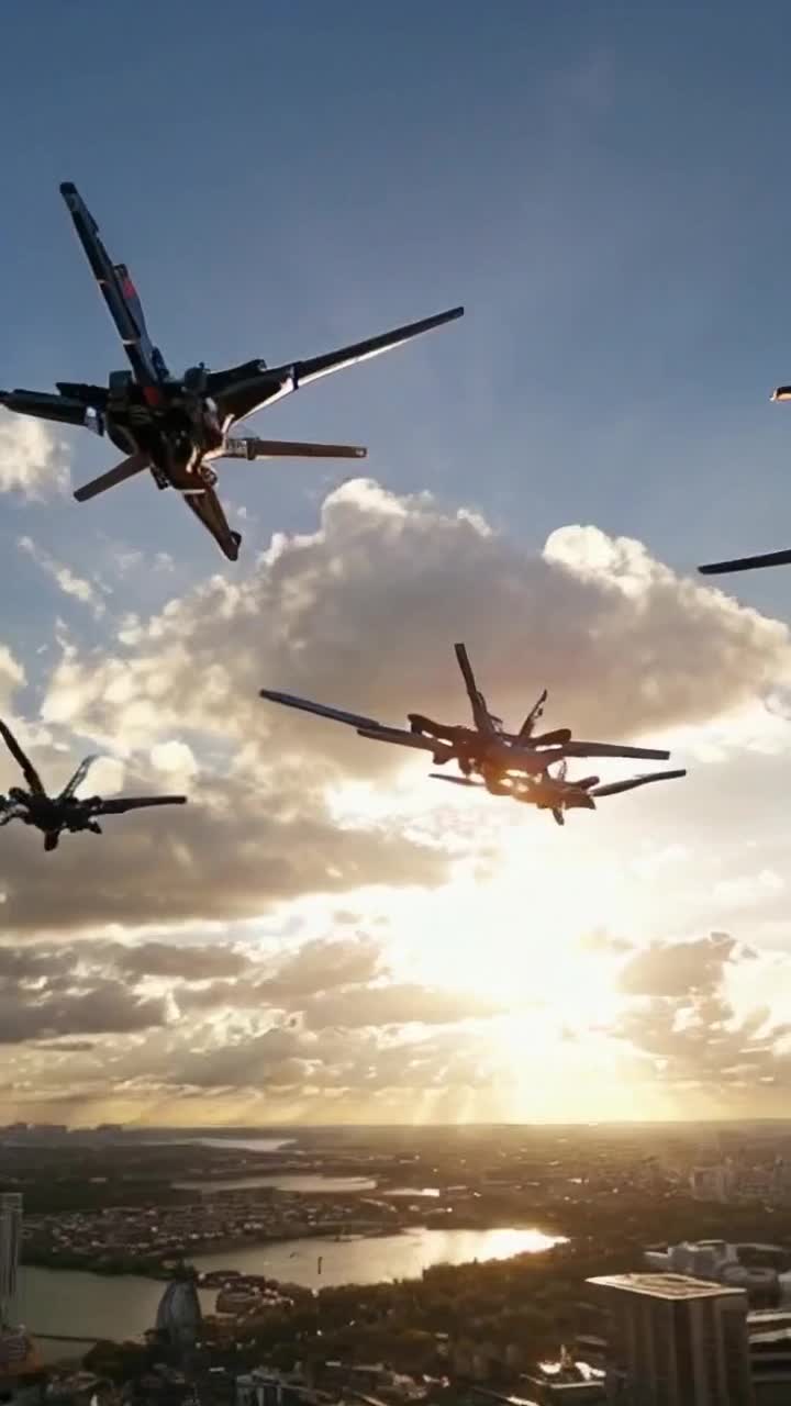 Robots with jet packs flying in formation rocket robotic drones rocketing 