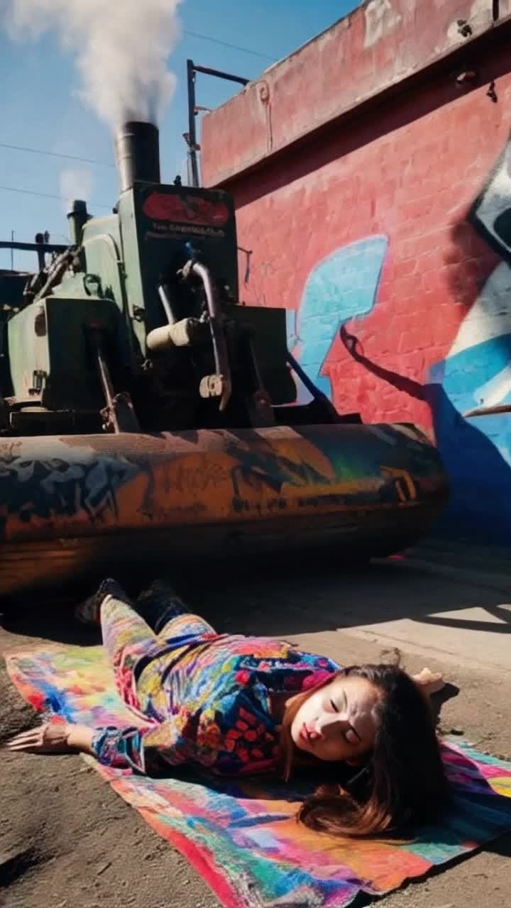 Woman in vibrant clothes lying on a colorful mat beneath a massive imposing steamroller as it slowly rolls forward stretching the scene with tension surreal expression on her face eyes wide with anticipation vivid graffiticovered wall in the background contrasting urban art against the mechanic machine as sunlight casts dramatic shadows enhancing the sense of movement throughout the scene