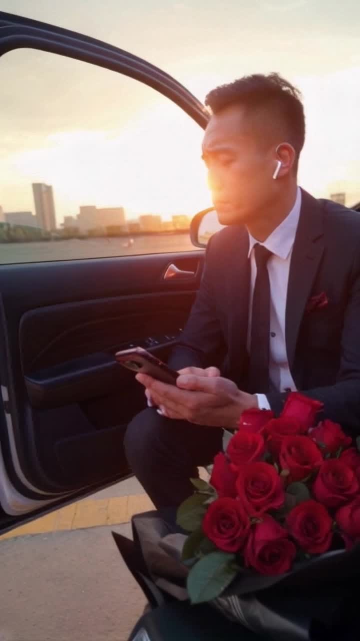 A man seating with a  bouquet of roses tossed on the ground that man is very well dressed but is very sad he is sitting in his car facing outside and Theo door is open behind him there is a view of the city at sunset, he has earplugs and an I phone 30 in his hand