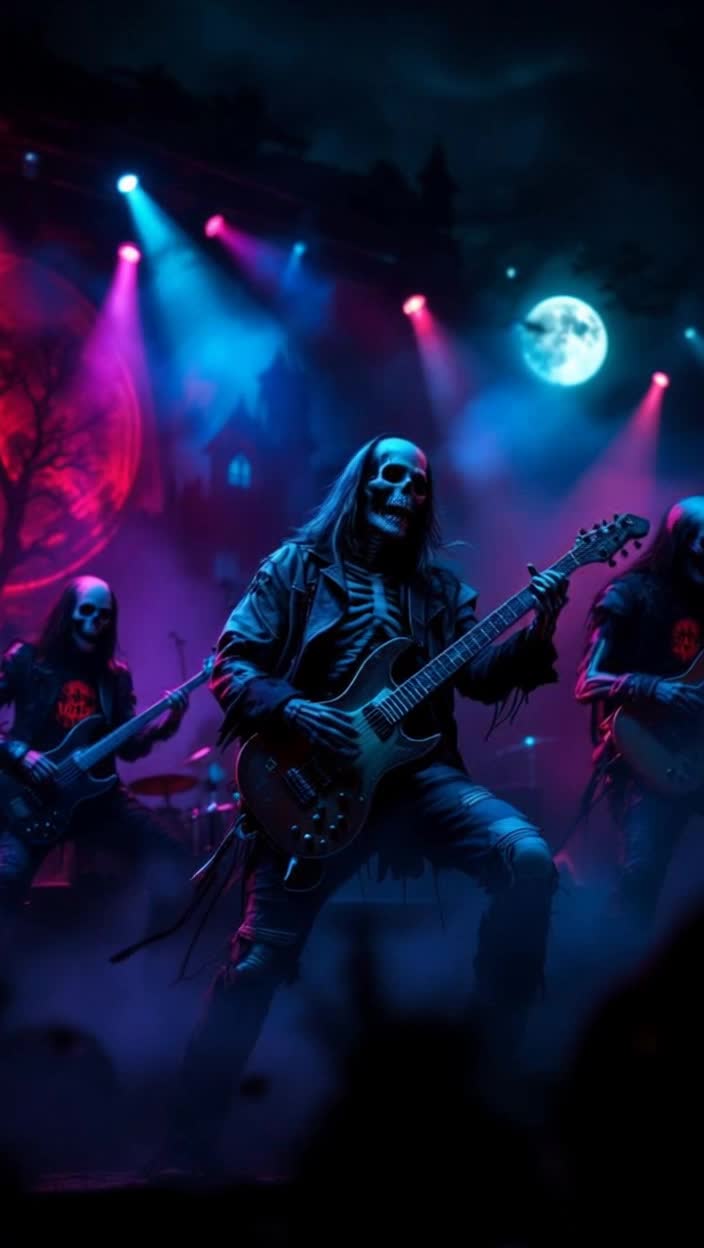 Band of skeletons playing rock music at a concert Halloween style laser lights 