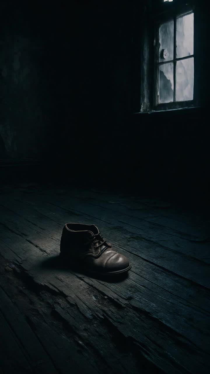 Tiny scuffed shoe resting on decaying wooden floorboards, gently swaying as if touched by unseen hands, rays of soft sunlight filtering through dusty window, casting warm golden hues, shadows lengthening around the shoe, whispers of lost laughter echoing in the silent room, remnants of faded memories lingering in the air, faded paint peeling from walls, hints of vibrant colors long forgotten, dust motes dancing in the light, a sense of childhood innocence mixed with bittersweet nostalgia, a moment frozen in time, holding the weight of love that has slipped away
