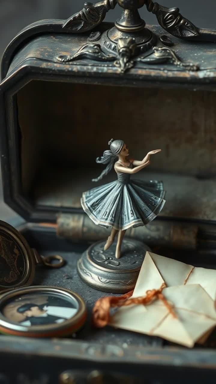 A closeup of a dusty, antique music box halfburied in a rotting drawer Its lid is open, revealing a tarnished ballerina figure frozen midspin Surrounding it are small personal relics a locket with a cracked photo, a brittle letter sealed with wax, a rusted wedding band The scene is drenched in muted, moonlit tonesgrays, silvers, and deep blues Faint spectral mist curls at the edges, suggesting an unseen presence The objects feel sacred and cursed, left untouched but never truly abandonedwaiting in silence