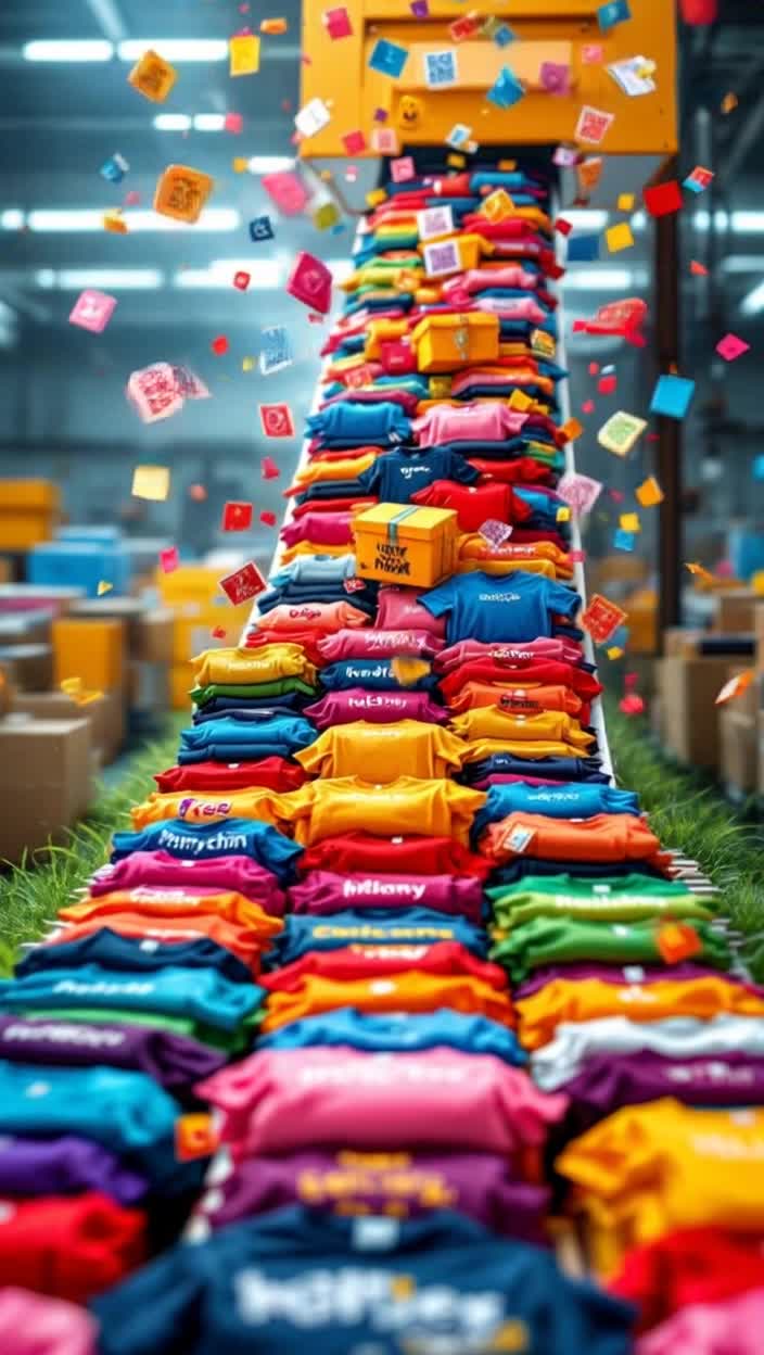 Vibrant array of colorful t shirts cascading from an automated production line swirling into boxes with cheerful graphics Dancing QR codes hover above as excited customers reach for free giveaway codes Branded banners unfurl in a bright, bustling ecommerce warehouse surrounded by lively activity Stacks of custom designs await their turn on the line as handsoff order processing whirs in the background Holidaythemed tshirts flash across the screen showcasing creativity while smooth transactions flow effortlessly creating a dynamic atmosphere of innovation and opportunity Green grass fields serve as an inspiring backdrop with flourishing sales graphs soaring above