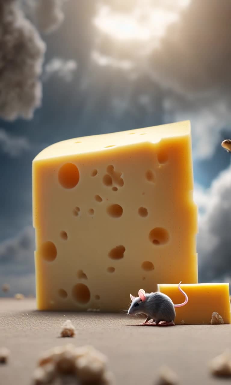 The camera dramatically zooms out at a thousand miles an hour from showing a tiny mouse at the start of the clip, to zooming out and showing the LARGEST piece of cheese in the universe the size of an enormous building that reaches the clouds 