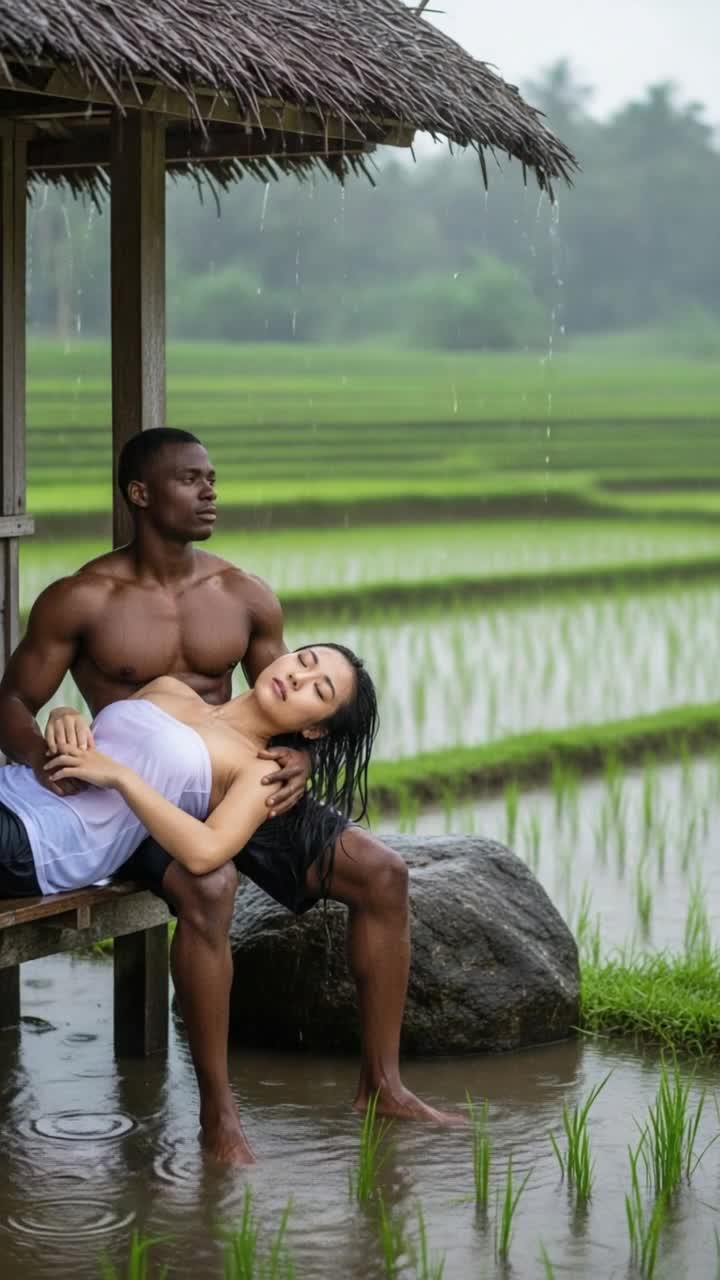 heavy rain, the mans hands massage the womans chest repeatedly
