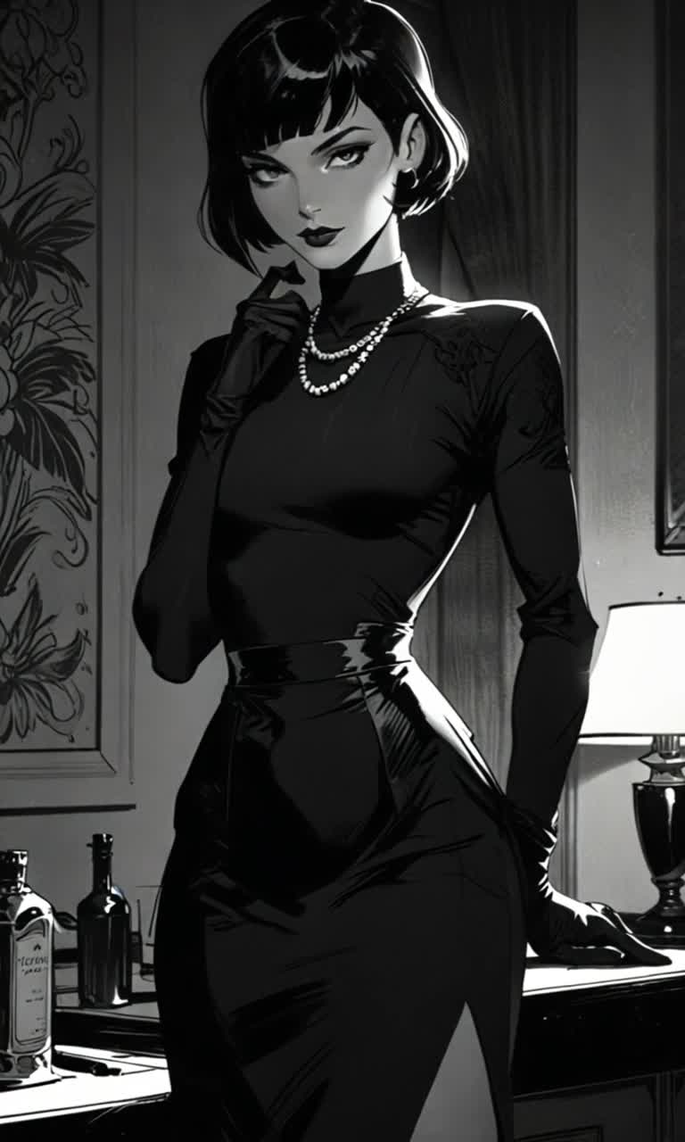 Radiant femme fatale stands confidently against an antique table exuding vintage charm Elegant art deco room envelops her aura as shadows play across walls She gazes intently absorbing whispered negotiations while a sly smile begins to form a dance of intrigue in her eyes Warm golden lighting accentuates her features enhancing the atmosphere of suspense The clinking of glasses from distant laughter adds a mysterious undertone to the scene