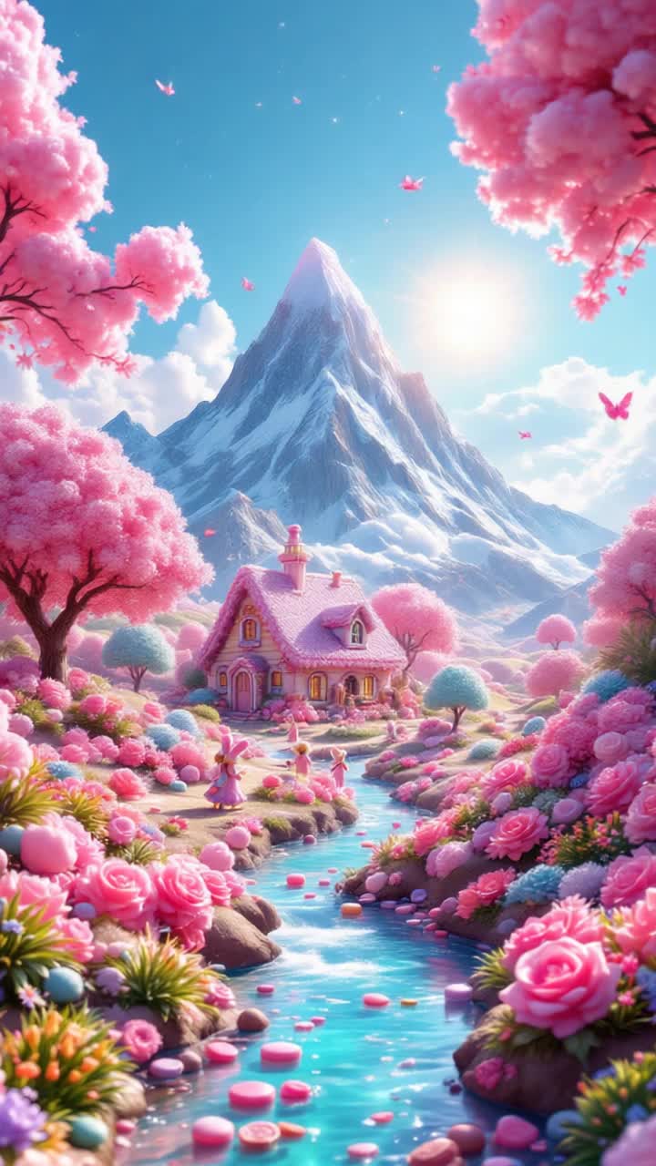 Vibrant candy mountain towering in the distance, whimsical candy house adorned with colorful sweets, lollipop trees swaying gently in the breeze Sugarcoated figures frolic joyfully around, gardening gummy flowers and picking cotton candy clouds Radiant sunlight bathes the scene in a warm glow, casting cheerful shadows on the candycoated ground A crystalclear river of chocolate flows nearby, with playful, candystriped dragonflies dancing above it Fluffy marshmallow bunnies hop playfully across the landscape, leaving trails of sparkles Sweet melodies drift through the air, harmonizing with the rustling leaves of lollipop trees
