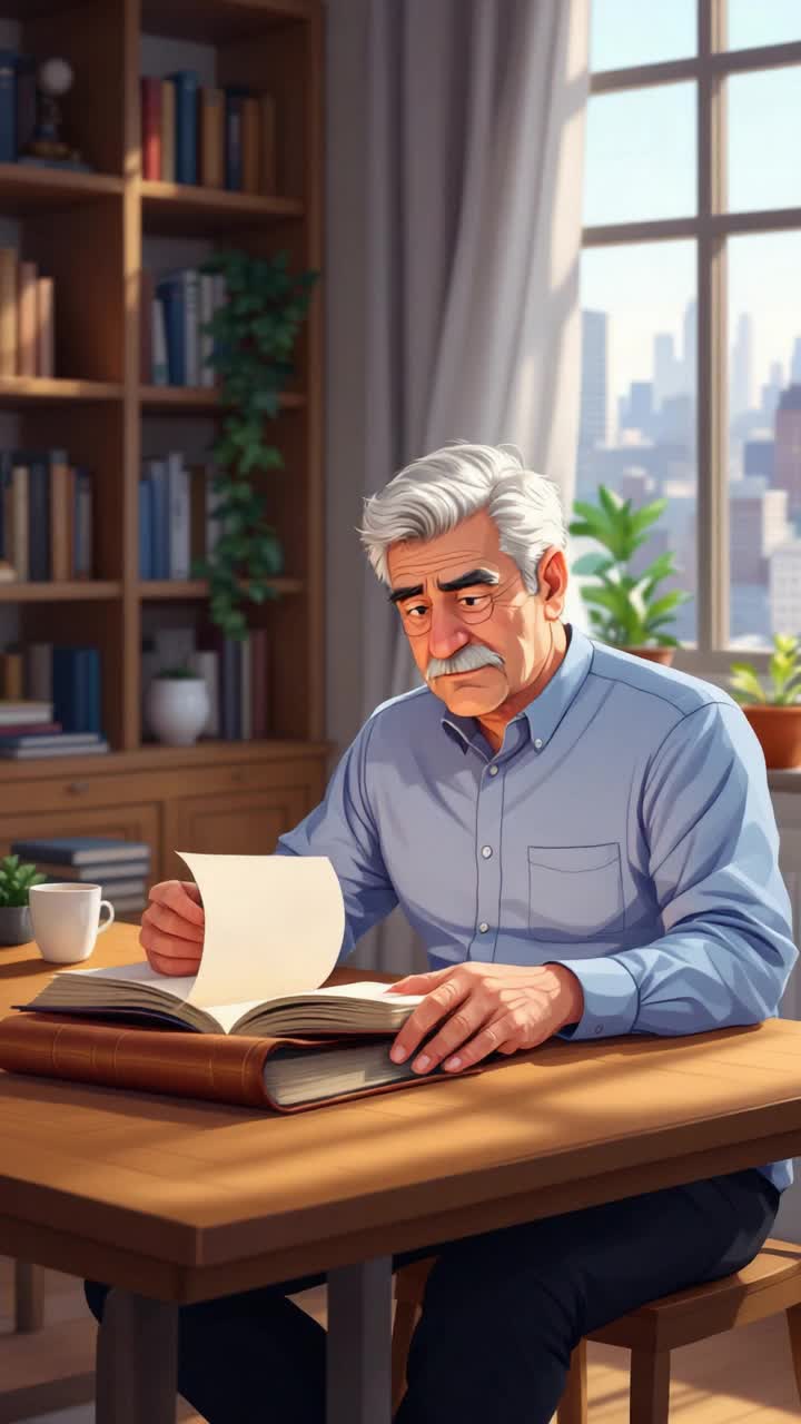 Grey haired hispanic man in his 50s turning a page in a book