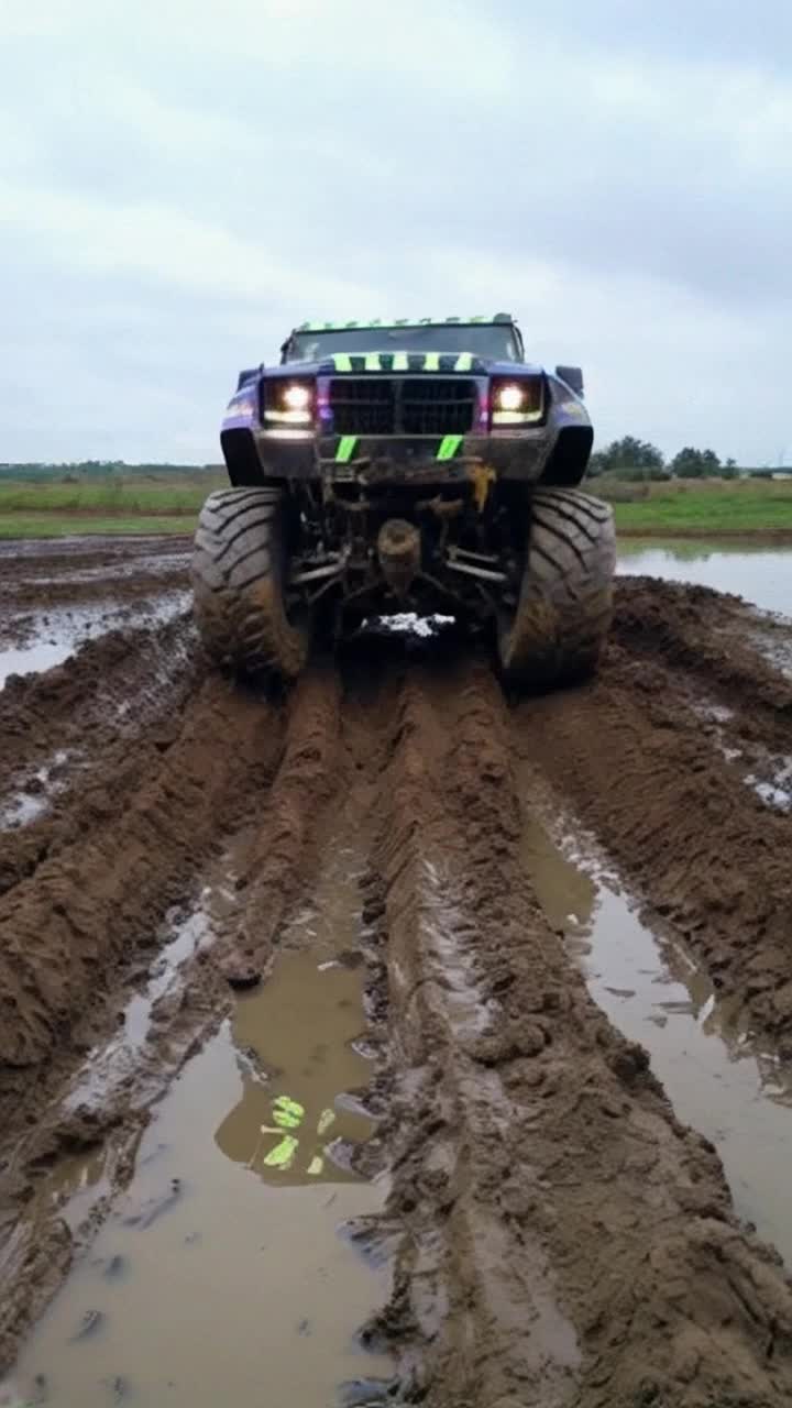 Vibrant monster truck adorned with neon stripes mired in slick deep mud struggling to break free 