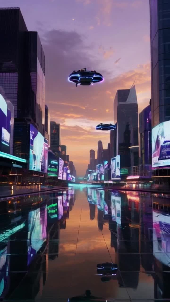Sleek hovercrafts soaring gracefully above city skyline vibrant neon colors illuminating their paths dozens of them dancing through an array of dazzling holographic billboards pulsating with life transforming advertisements casting reflections on polished surfaces below futuristic architecture towering in the distance merging technology and imagination a glowing sunset painting the sky in hues of orange and purple creating a dreamlike atmosphere where innovation thrives
