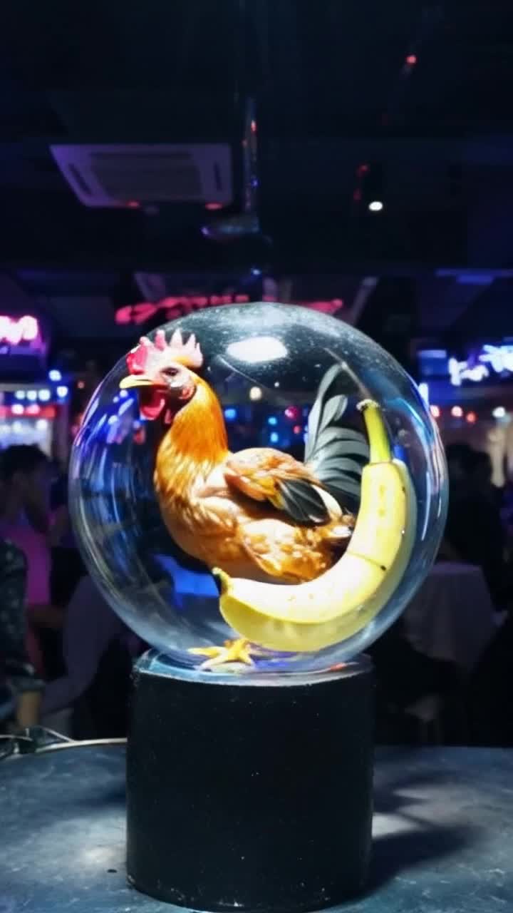 a chicken on the left and an anthropomorphic banana on the right are dancing under a vivid radiant disco globe inside a busy dance club, the chicken has ruffled feathers and wings flapping, the banana is dancing halfway peeled